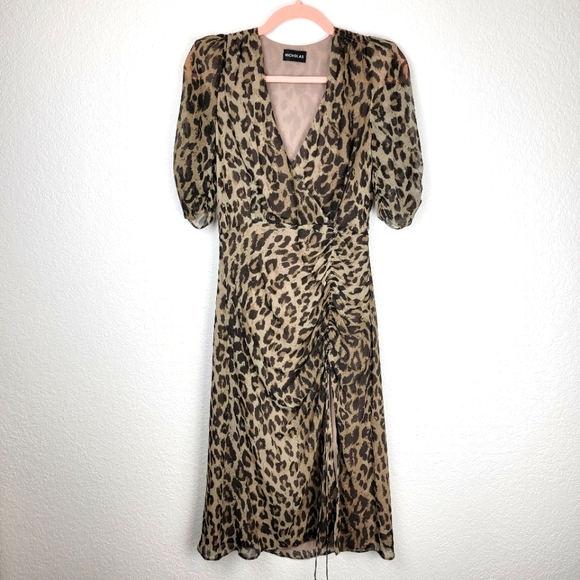 Nicholas Tea Midi Dress Leopard Print with Slit XS - Picture 4 of 8